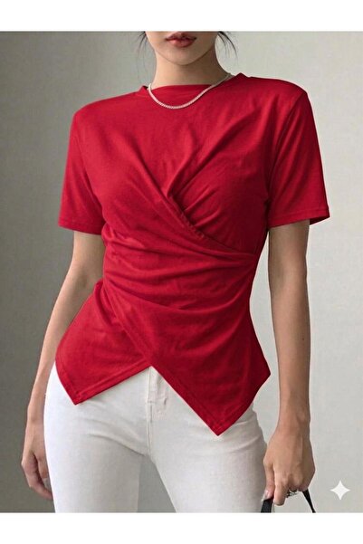 peri tower Women's Double-Breasted Detailed Draped Short Sleeve Blouse 0083