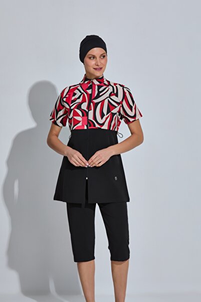 İKSUN Γυναικείο μαγιό με χιτζάμπ, μισόκλειστο, με σχέδια, κοντομάνικο, με φερ...