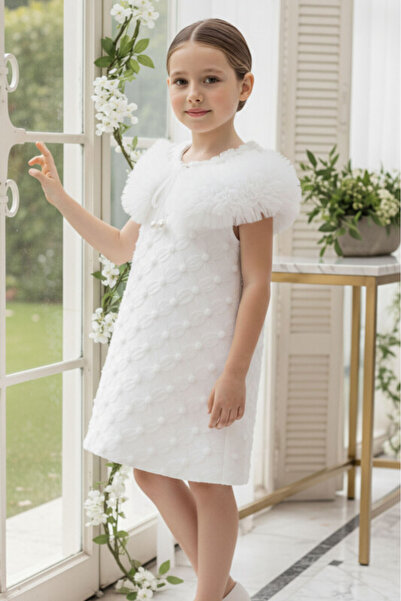 Pamina Εκρού Φόρεμα Κοριτσιών με Ανάγλυφη Τουλένια Κάπα 3-7 ΕΤΩΝ 36106PR
