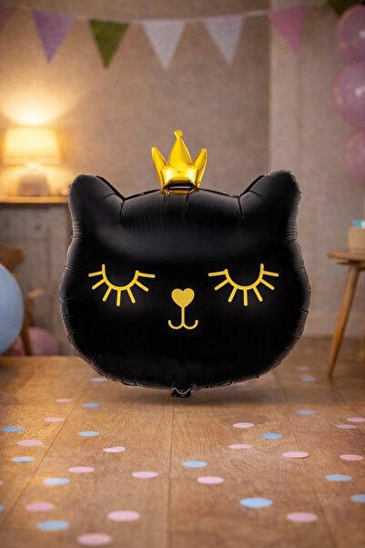 Baloncu Nene Black Cat Crowned Foil Balloon 56 cm Cute Party Balloon with Gol...