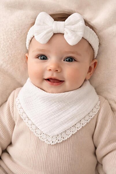 LUMİBABY BUTİK %100 pamuk 4 kat müslin dantel detaylı bebek seti,bandana,mama...