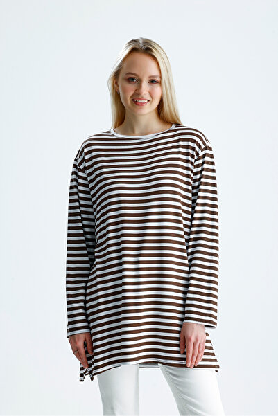 Rawanda Γυναικείο ριγέ μακρυμάνικο χτενισμένο βαμβακερό τουνίκ σε μεγάλο μέγεθος