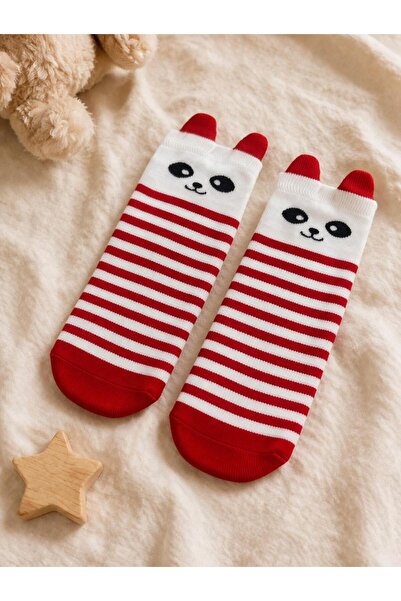 ues Червени раирани чорапи до коляното с панда шарка