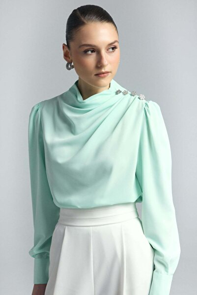 Sateen Μπλούζα με πέτρινα κουμπιά - Μέντα