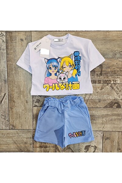 YARENKİDS Girl's Blue Shorts T-Shirt Top and Bottom Set Ages Printed Set