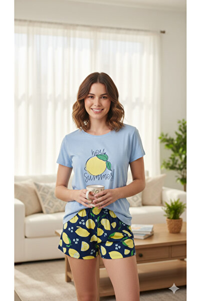 Serena Pijama dama Big Size din bumbac, imprimeu ,,Hey Summer!'', maneca scur...