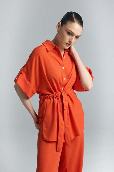 Sateen Πουκάμισο κιμονό με δέσιμο στη μέση - Πορτοκαλί