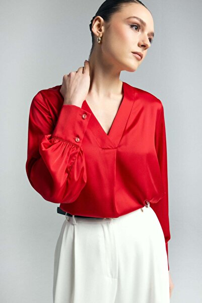 Sateen Σατέν μπλούζα με λαιμόκοψη V - Κόκκινο