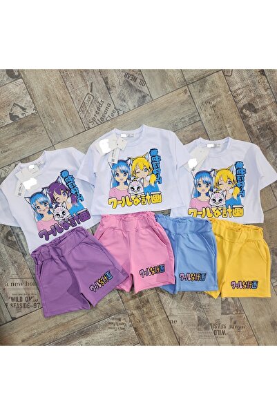 YARENKİDS Girl's Blue Shorts T-Shirt Top and Bottom Set Ages Printed Set