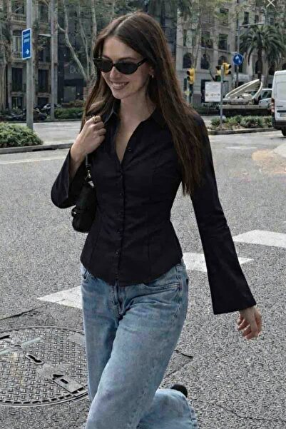 Köstebek Women's Spanish Sleeve Retro Poplin Shirt with Waist Tie