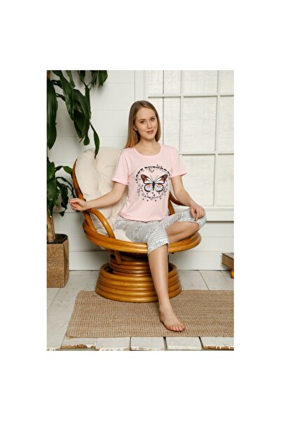 Serena Pijama dama din bumbac, tricou roz cu imprimeu fluture și pantaloni 3/...