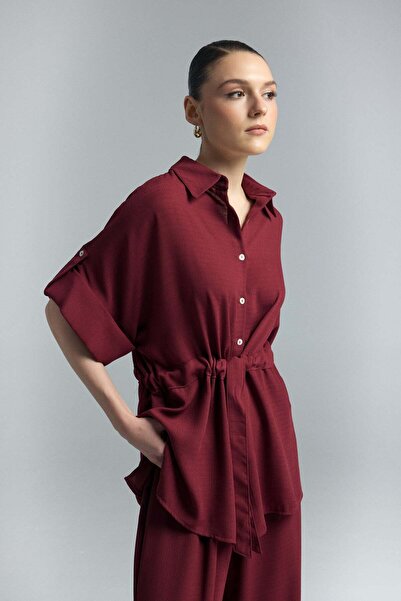 Sateen Πουκάμισο κιμονό με δέσιμο στη μέση - Βουργουνδίας