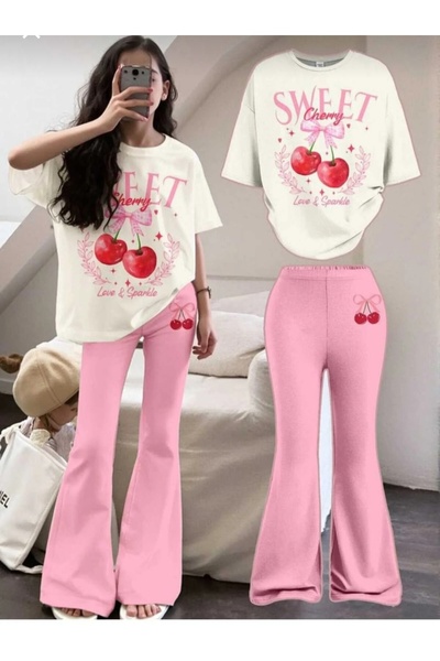 Kids Καλοκαιρινό ισπανικό σετ με στάμπα κερασιών, με φαρδιά μπατζάκια και τοπ...