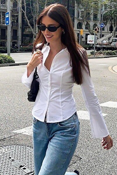 Köstebek Women's Spanish Sleeve Retro Poplin Shirt with Waist Tie