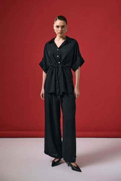 Sateen Tie-Waist Kimono Shirt - Black