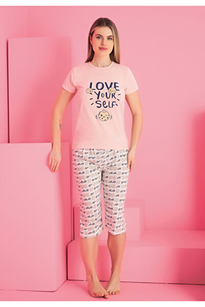 RİNDA Γυναικεία βαμβακερή πυτζάμα - Μπλουζάκι και παντελόνι 3/4, με στάμπα  "...