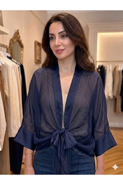 AYASOFYA OTANTIK Kadın İtalyan Lacivert Önden Bağlamalı Yarasa Kol Kısa İpek ...