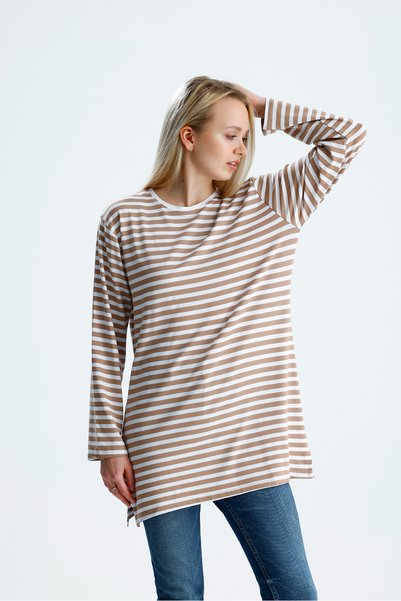 Rawanda Women's Oversized Striped Long Sleeve Combed Cotton Tunic