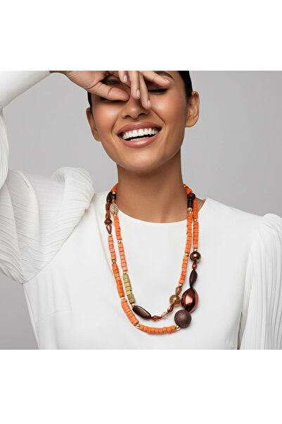 COCOSH TAKI Orange and Brown Beaded Multi Long Necklace with Gold Details