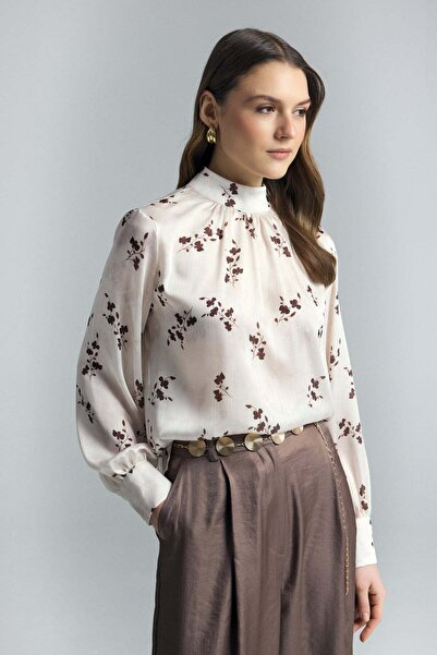 Sateen Μπλούζα με φλοράλ σχέδια - Καφέ