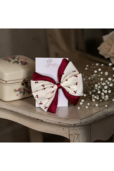 Nills Baby & Kids Cherry Patterned Double Layer Fabric Bow with Automatic Buc...