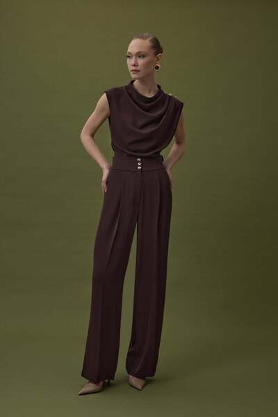 Sateen Παντελόνι με λεπτομέρεια στο κουμπί Talia - Καφέ