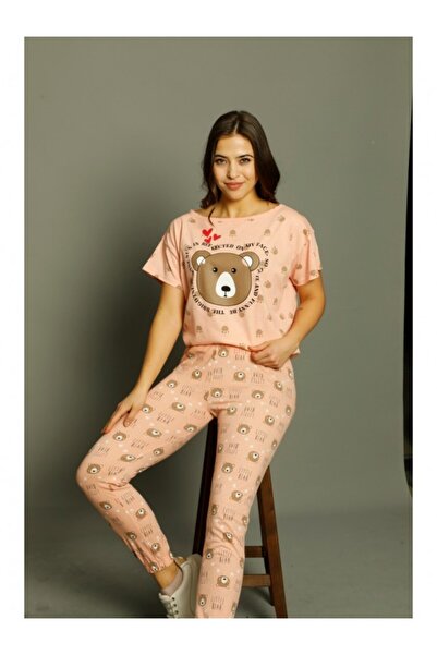 lindros Γυναικεία βαμβακερή πυτζάμα Serena με στάμπα αρκουδάκι, κοντά μανίκια...