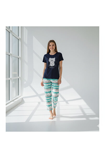 Serena Women's cotton pajamas, black T-shirt with Cat print and long pants