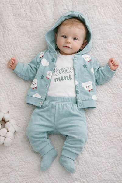 Pure Boutique Set bebe 3 piese bumbac body pantaloni hanorac verde ursulet