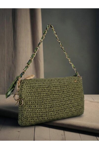 Ltb Зелена сумка ручної роботи, в'язана вручну, 32x16x3,5 см