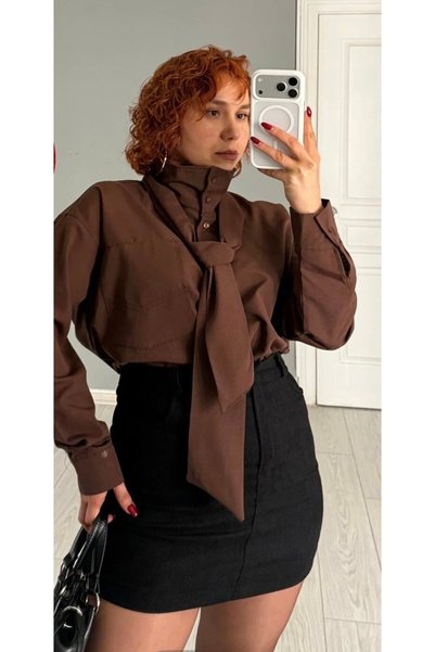 Alizstore Brown Tie-Up Stylish Shirt Blouse