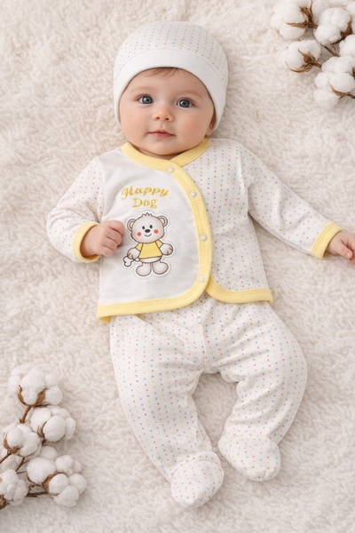 Pure Boutique Set nou nascut 3 piese bumbac alb galben ursulet body pantaloni...