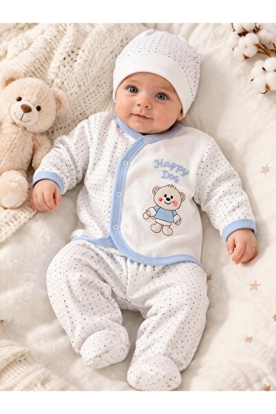 Pure Boutique Σετ νεογέννητου 3 τεμαχίων, βαμβακερό, λευκό μπλε, κορμάκι αρκο...