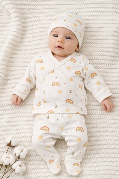 Pure Boutique Set nou nascut 3 piese bumbac crem curcubeu body pantaloni caci...