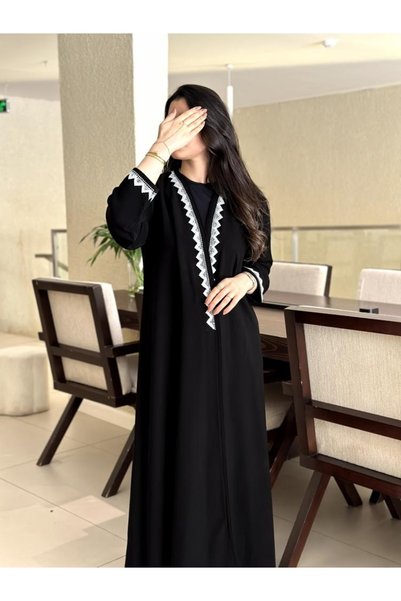 Abaya-AB عباية لجين قماش سيراميك تطريز سكري مع طرحه مجانا