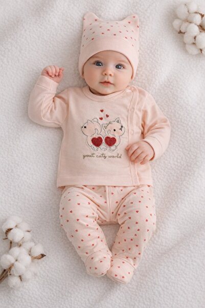 Pure Boutique Baby girl 3-piece set, kittens, hearts, blouse, pants and pink hat