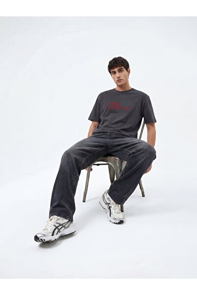 Ltb Slogan Printed Basic Anthracite T-Shirt