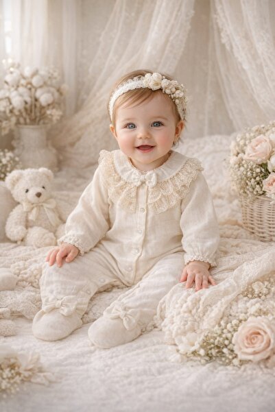 Pure Boutique Βρεφικό κοριτσίστικο ολόσωμο φορμάκι, από κομψή ιβουάρ μουσλίνα...