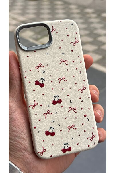 EDELFU iPhone 17E - 16E uyumlu - Krem Tırtıklı Silikon Kapak Kırmızı Kiraz Ba...