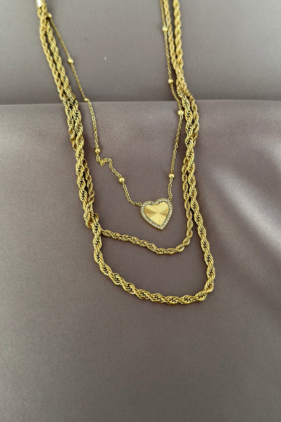 laria jewelry 3-Piece Rope Chain Necklace with Row of Stones and Heart Detail