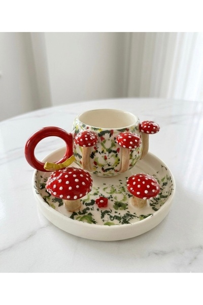 Ahşap Evi El Yapımı Mantar Figürü 3D Kahve Fincan Sunum Hediye