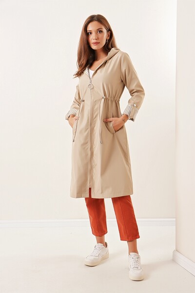 By Saygı Lined Hooded Trench Coat with Striped Fold Sleeves and Gathered Waist