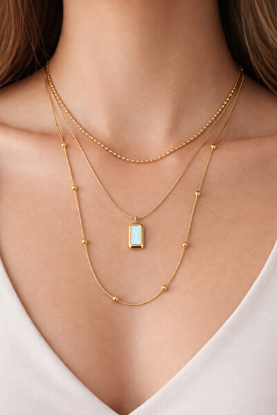 laria jewelry Top Chain Detailed White Baguette Stone 3-Piece Necklace