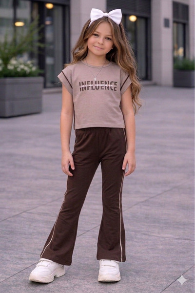 KOKOŞ BEBEK Girl's Influence Printed Crop T-Shirt & Flared Pants Set - Ages 1...
