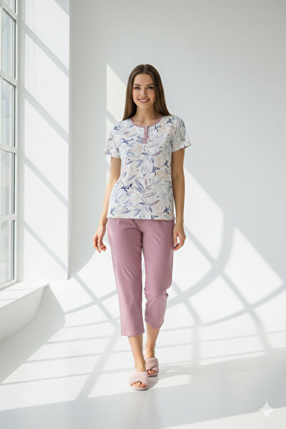 FREENİGHT Purple women's pajamas, cotton, leaf print, t-shirt, 3/4 pants
