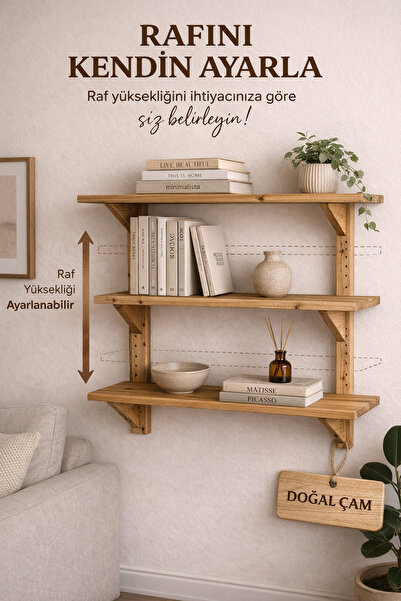 Woodymoda Ayarlanabilir Raflı Masif Ahşap Duvar Rafı – 80x14x80 cm | Doğal Ça...