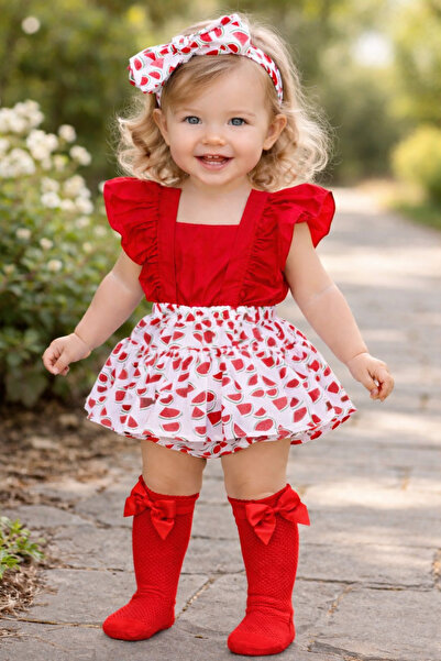 ŞAPKAKİDS Kız Çocuk Karpuz Desen Fırfırlı Slopet Bandana Kırmızı File Çorap Set