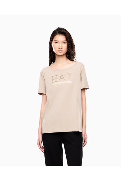 EA7 Women's Stone Detailed Logo Patterned Cotton Round Neck Short Sleeve Beig...
