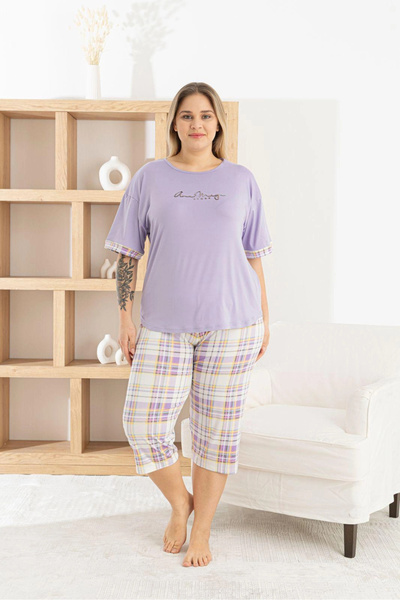 Pijamoni طقم بيجامة نسائي كبير الحجم من قماش ميلان ليلك كابري