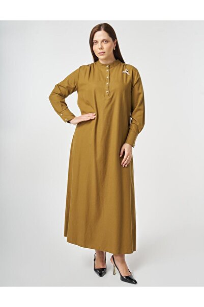 Kayra Hakim Yaka Lyocell Pamuk Elbise Koyu Oliv